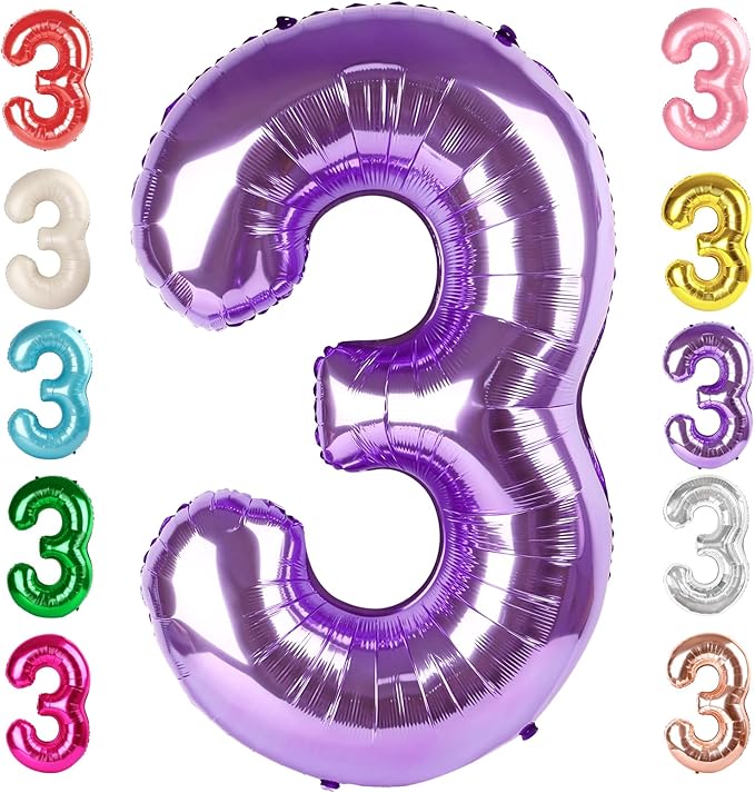 Numbers Balloon 3, 40 Inch Large Purple Balloon for Three Year Old Birthday Decor, 3 13 30 31 Birthday Party Decorations f...