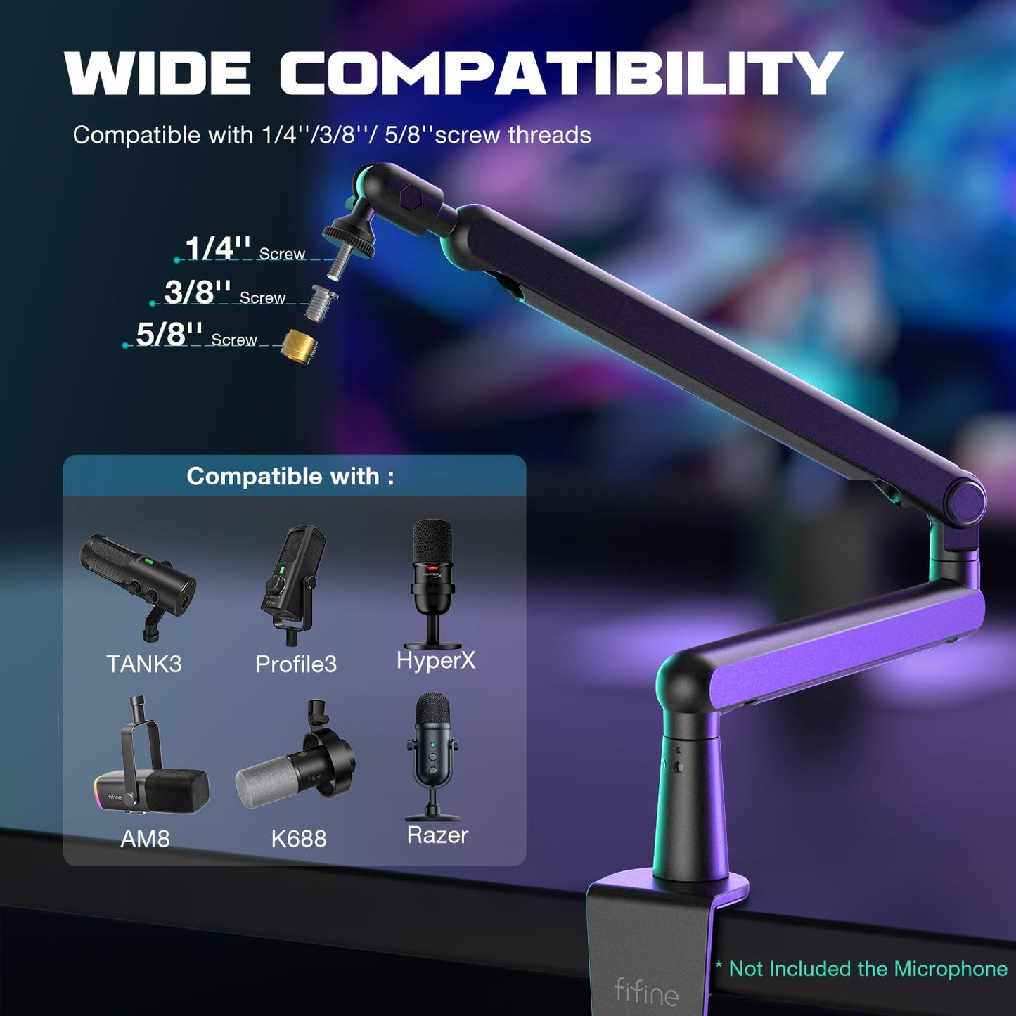 Fifine Microphone Boom Arm, Low Profile Adjustable Stick Microphone Arm Stand With Desk Mount Clamp, Screw Adapter, Cable Manage