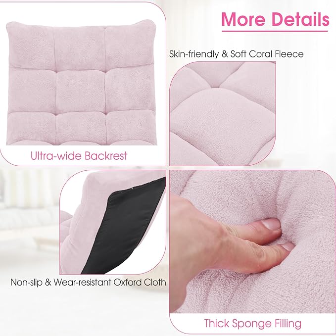 DREAMADE Folding Floor Chair w/Back Support, 14-Position Adjustable Lazy Sofa Chair w/Coral Velvet Fabric & Alloy Steel Frame, Portable Meditation Chair for Reading, Gaming,Sleeping (Light Pink)