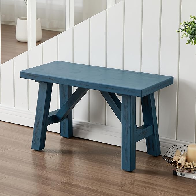 Janoray 30" Entryway Bench Farmhouse Narrow Dining Bench Shoe Rack Small Wooden Benches Holds up to 300lbs for Hallway Living Room Dining Room Bedroom，1 Tier, Blue