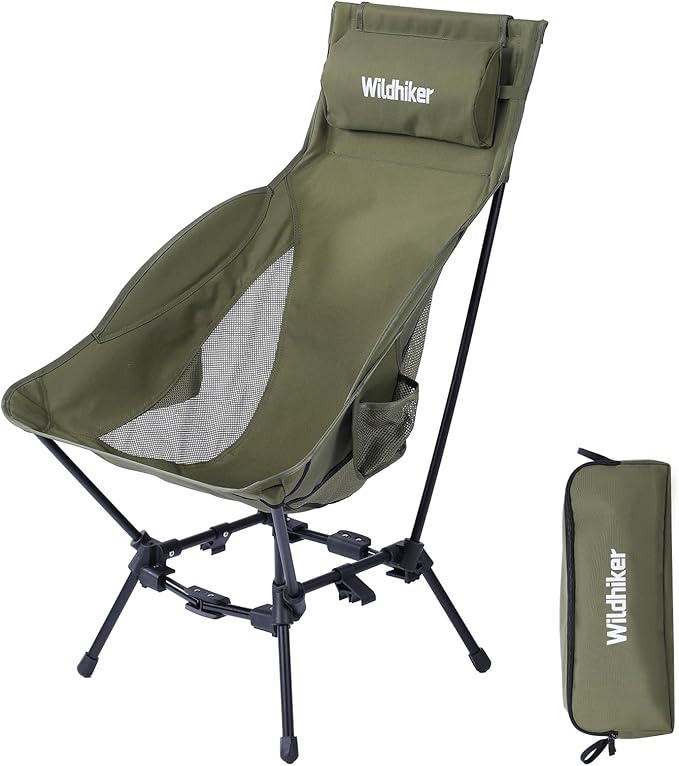 Wildhiker Compact High Back Camping Chair - Foldable with Dual Sitting Modes, Pillow, Arm Pads and Side Pockets - Lightwei...
