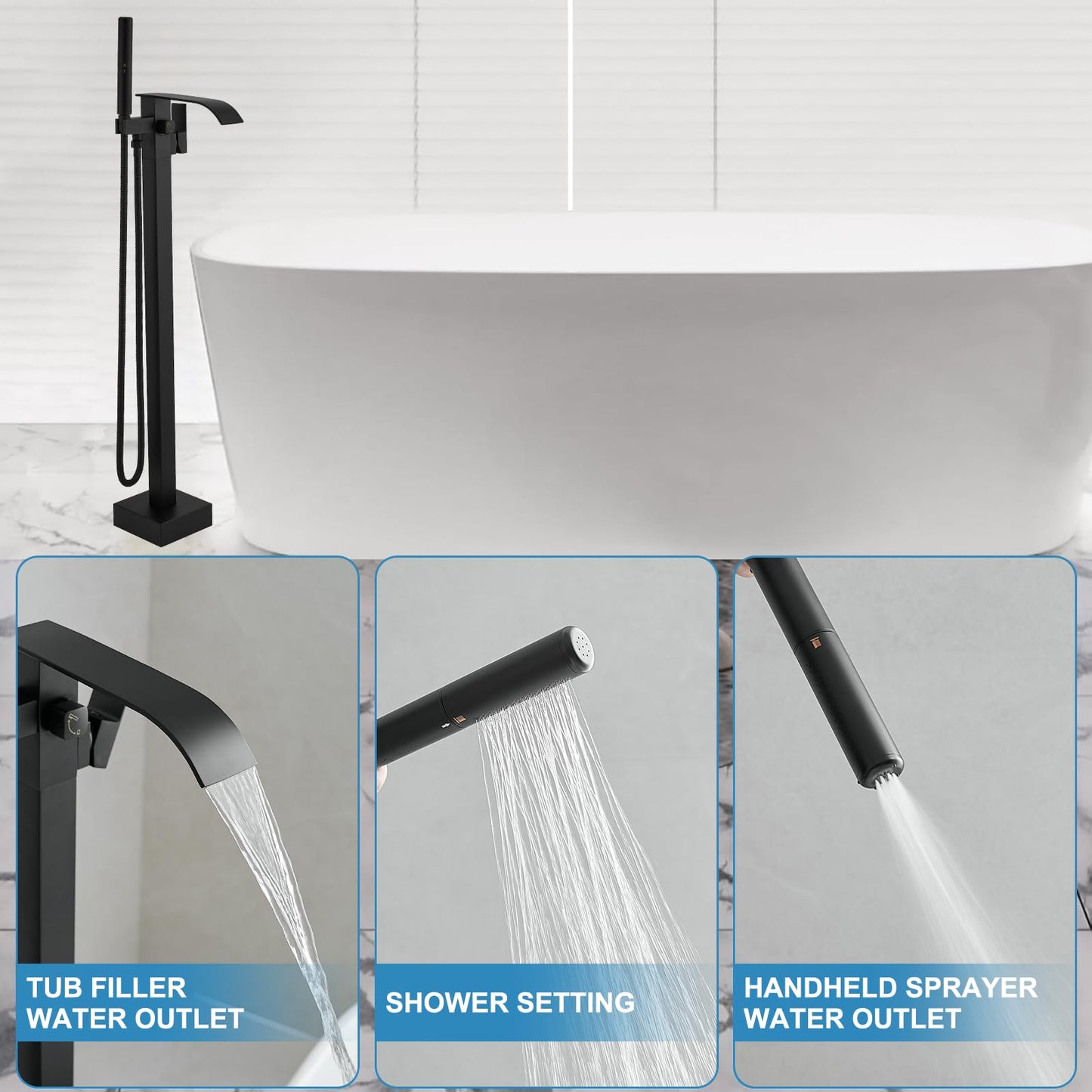 RUMOSE Tub Filler Freestanding Bathtub Faucet Matte Black Floor Mount Tub Faucet Waterfall Free Standing Bathtub Filler High Flow Brass Bath Shower Faucets with Handheld Sprayer