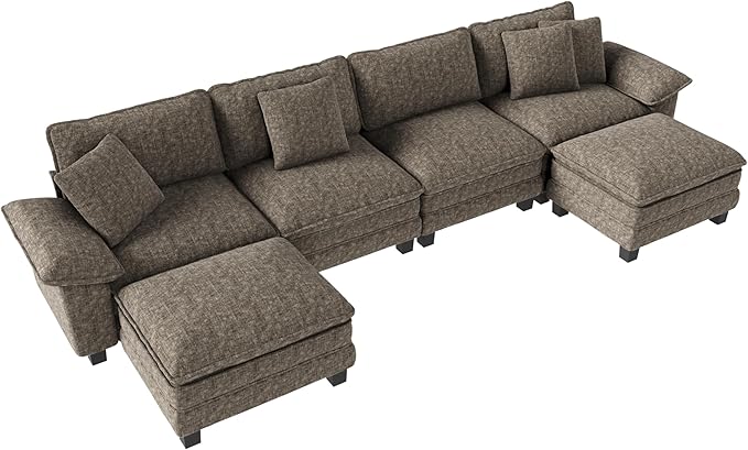 MIXPATIO 157-Inch U Shaped Sectional Sofa with Cloud Cushions, Deep Seat Modular Couch Set w/ 6 Seats & 2 Ottomans, Removable Arms, Plush Chenille Upholstery for Living Room, Apartment - Smoky Gray