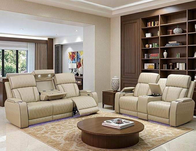 Toseslo Power Recliner Sofa and Loveseat Set, Beige Leather Reclining Sofa Sectional Couches with Drop-Down Table, Living Room Furniture, Reclining Sofa with Cup Holders/Storage Console for House