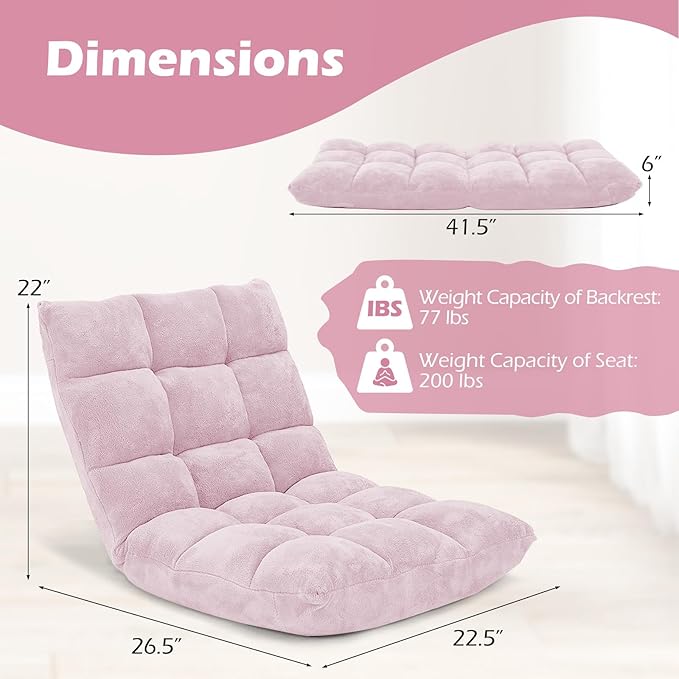 COSTWAY Floor Chair, Video Gaming Chairs with Back Support, Adjustable 14-Position, Alloy Steel Frame, Soft Coral Fleece, Lazy Sofa Lounge for Reading Living Room Recliner for Adults Kids (Light Pink)