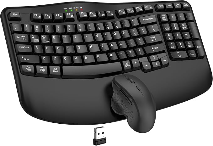 Wireless Keyboard and Mouse Combo, 2.4G Wave Keys Ergonomic Keyboard with Wrist Rest and 3 Level DPI Advanced Wireless Erg...