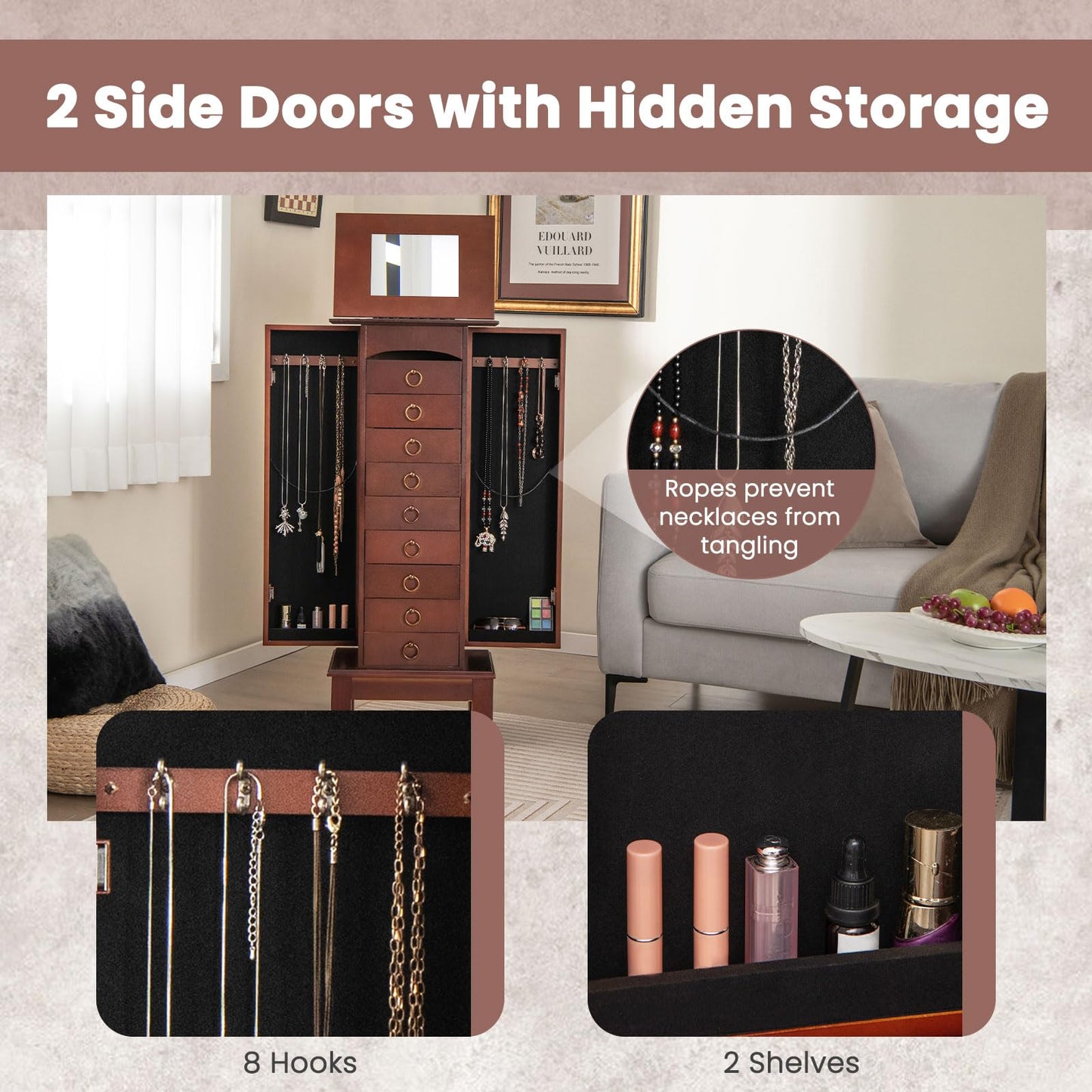 NAFORT Jewelry Armoire with Top Flip Vanity Mirror, Jewelry Cabinet with 9 Drawers and 2 Side Doors for Necklace, Large Storage Capacity Jewelry Organizer and Storage, Walnut