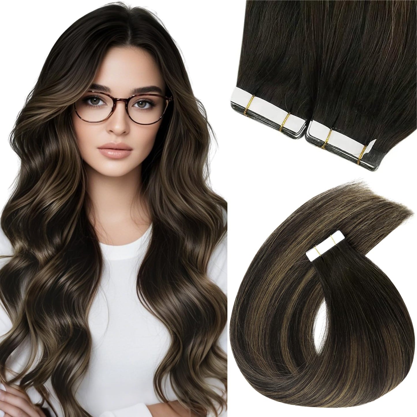 Sunny Hair Tape in Hair Extensions Real Human Hair Invisible Remy Hair Extensions Tape ins for Women Darkest Brown Ombre Medium