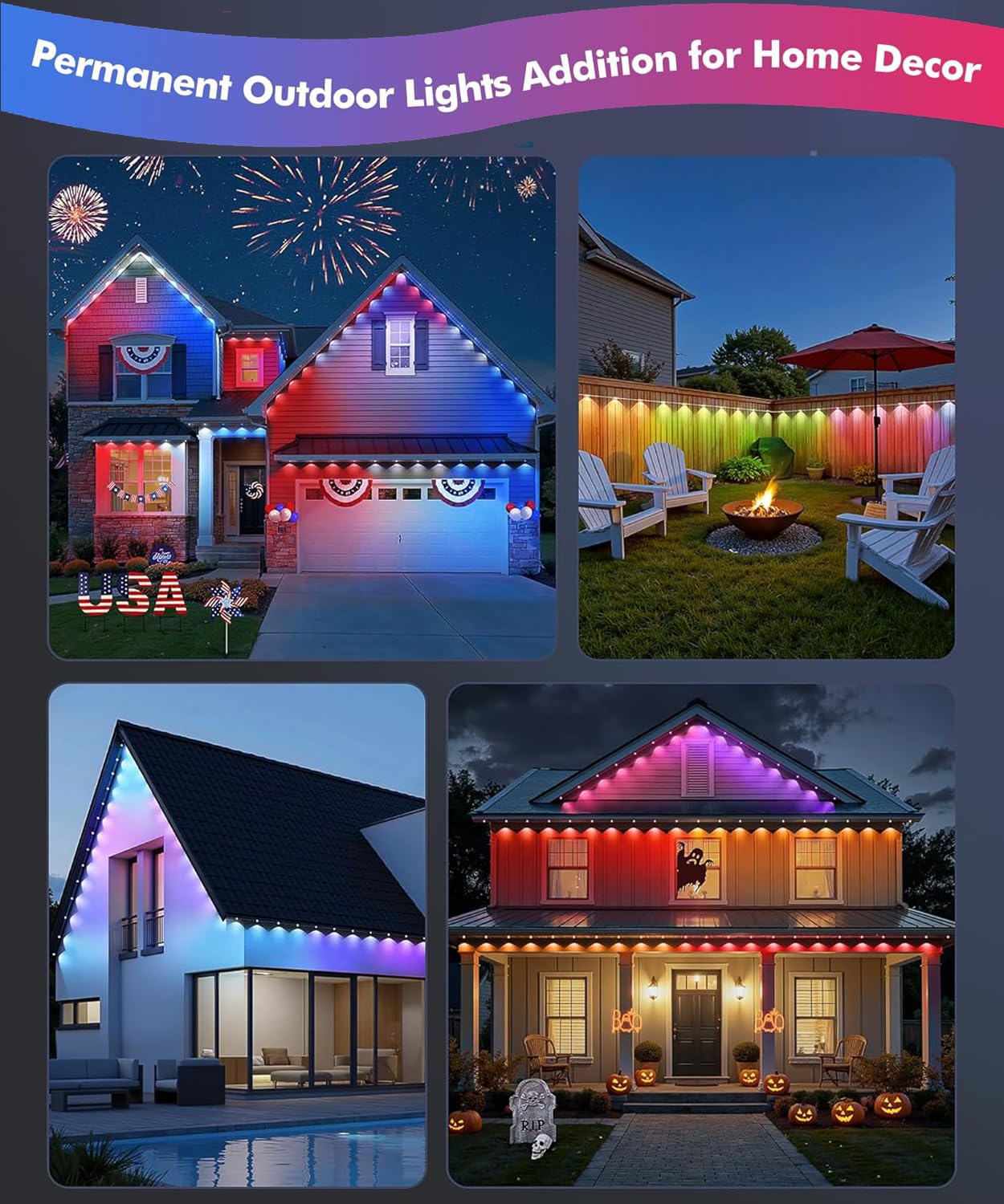 Permanent Outdoor Lights for House,100ft RGB+IC Smart Outdoor Decor,DIY Scene Modes, App/Remote Control,IP67 Waterproof, for Christmas,Holiday, Daily & Pool Party Decor, House Roof Lighting