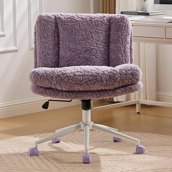 Cross Legged Office Chair with Wheels, Comfy Armless Office Chair with Extra-Deep Seat & 2-Layer Cushions, Adjustable Height, Tilt-Back Swivel Faux Fur Vanity Chair for Home Office, Violet