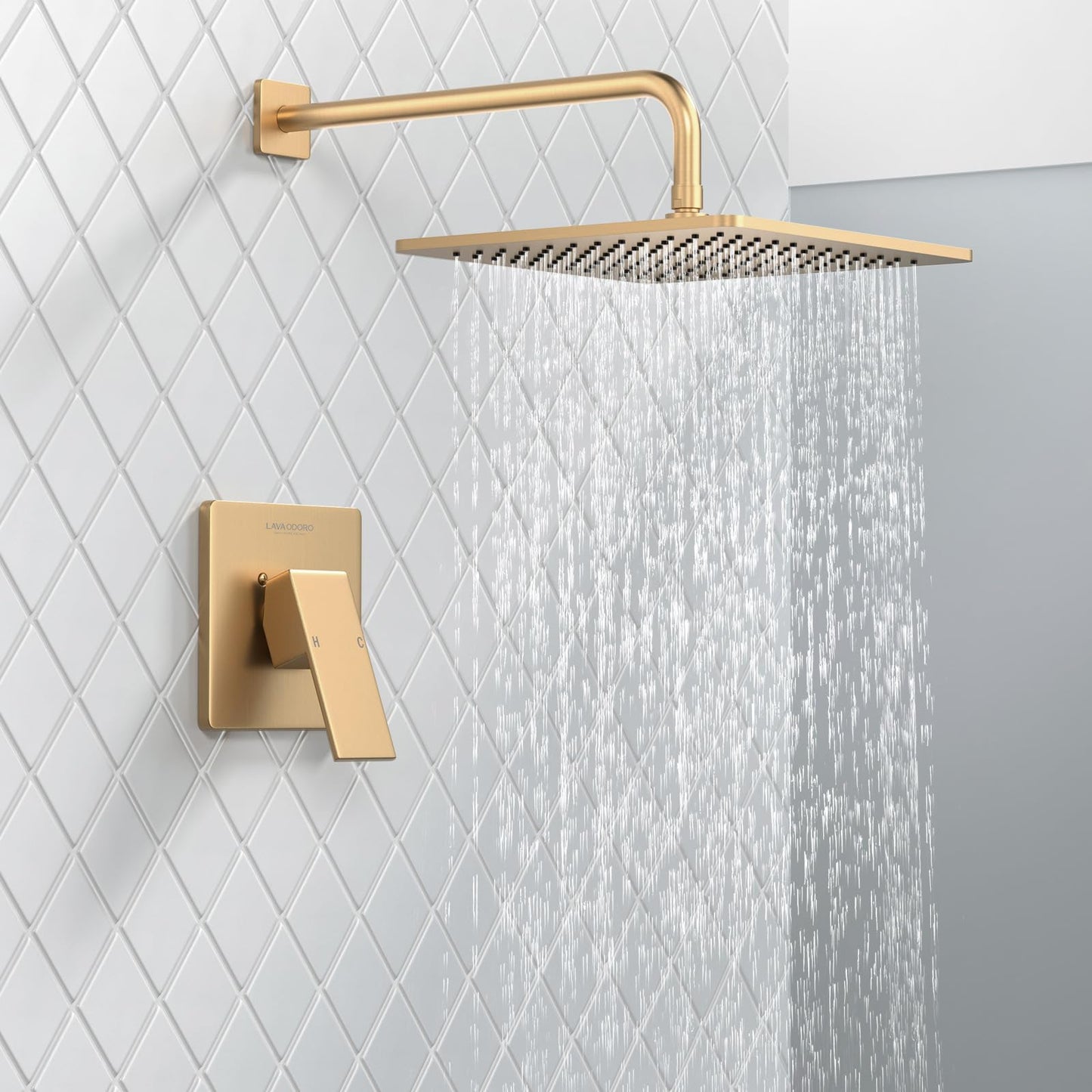 Lava Odoro 12-inch Modern Square Shower Faucet Set Champagne Gold, Shower Trim Kit with Rough-in Valve High Pressure Gold Rainfall Shower Head and Handle Set, (Valve Included), SF106-CB