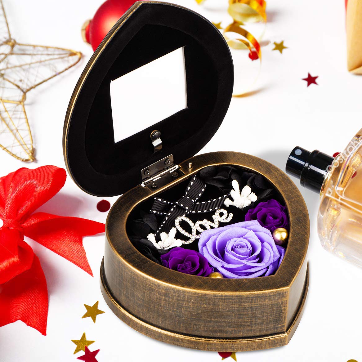 Neaticoo Handmade Preserved Flower Real Purple Rose in Musical Box with Photo Frame, Mother's Day Long Lasting Real Flower Gifts for Her Women Wife on Valentine's Day Birthday or Anniversary -Purple