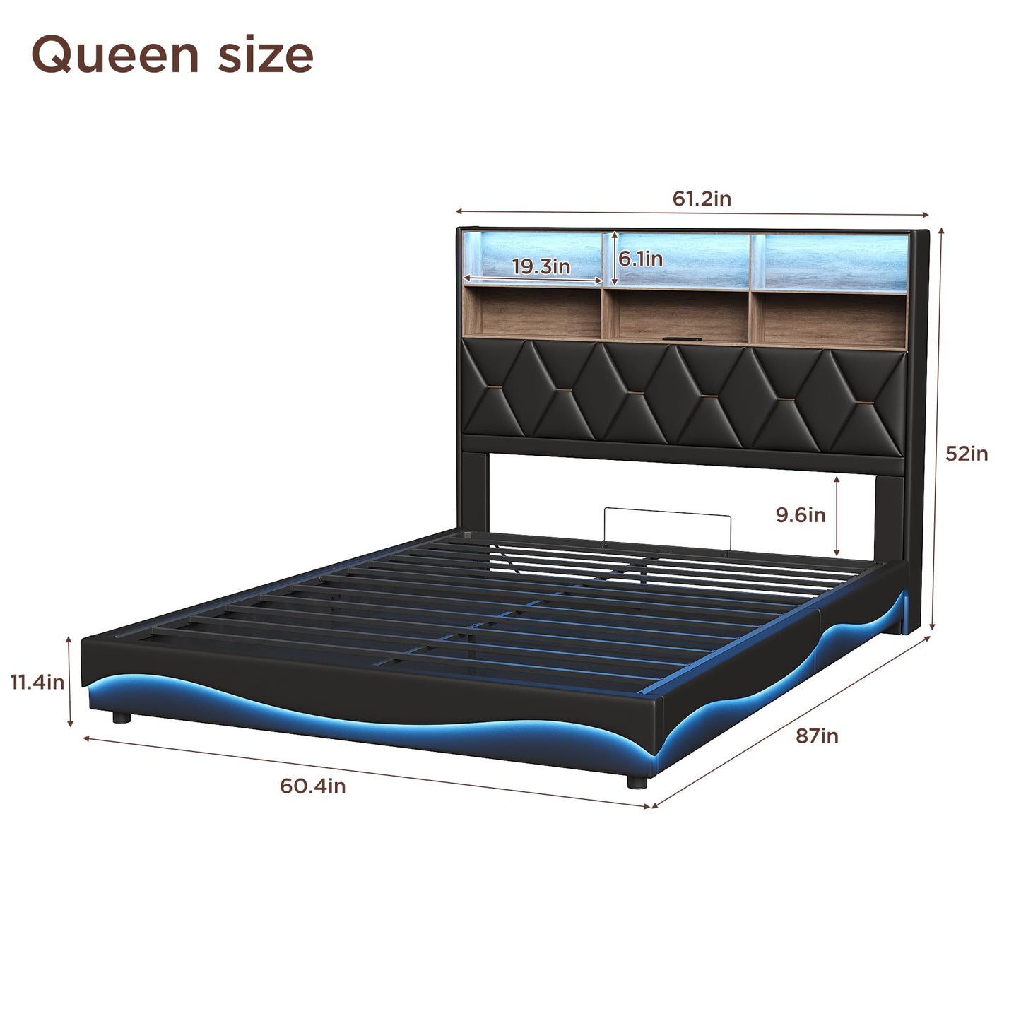Fameill Queen Size Lift Up Storage Bed Frame, Bookcase Storage Headboard with Charging Station, LED Lights Upholstered Platform Bed, No Box Spring Needed, Noise-Free, Black