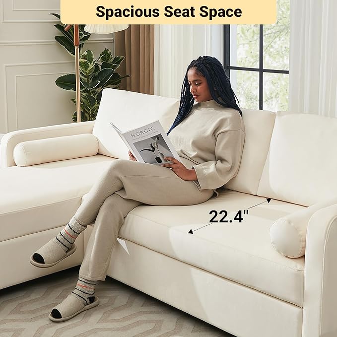 Tbfit 90.6'' 3 in 1 Sleeper Sofa Couch with Storage Chaise, Velvet Sofa Bed with Pull Out Bed, Convertible Sleeper Sofas for Living Room, Small Spaces, White