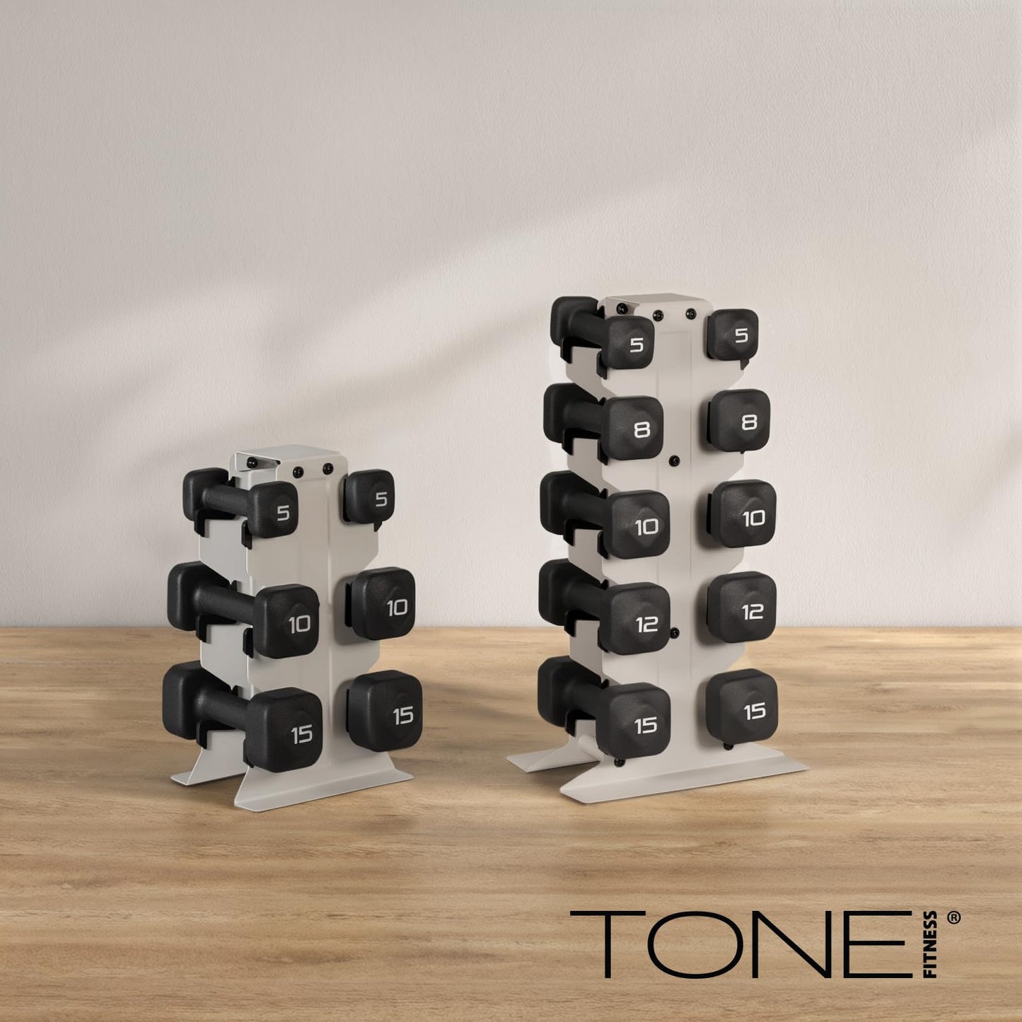 Tone Fitness 100 LB Neoprene Dumbbell Set with Storage Rack – Non-Slip, Anti-Roll Hand Weights for Home Gym Workouts | Light Gray Rack and Purple Dumbbells