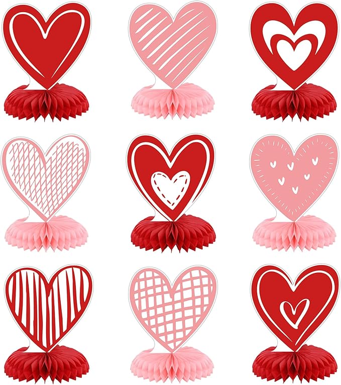 9Pcs Valentine's Day Honeycomb Centerpieces 3D Conversation Heart Tabletop Decorations Red Pink Love Table Topper Centerpi...