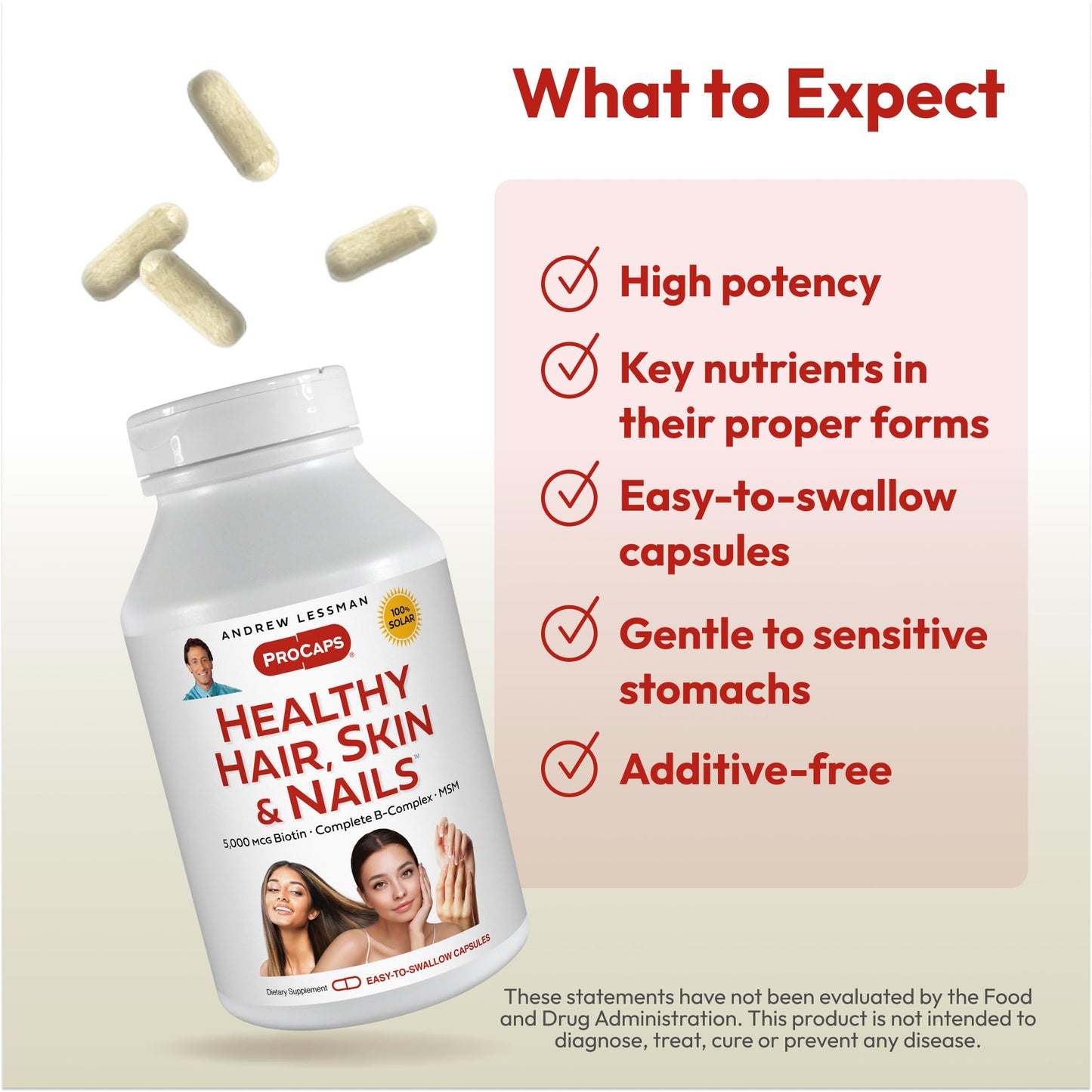 ANDREW LESSMAN Healthy Hair, Skin and Nails 60 Capsules - 5000 mcg High Bioactivity Biotin, B-Complex. Promotes Beautiful Skin, Strong Nails. No Additives Hair Growth Vitamins Biotin Supplement