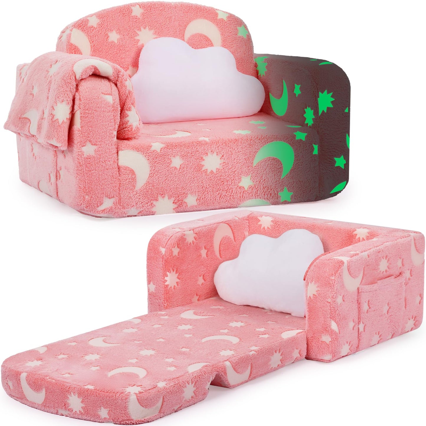 Kids Couch, 2-in-1 Soft Toddler Couch Fold Out with with Blanket and Cloud Pillow, Glow in The Dark, Convertible Sofa Comfy to Lounger, Gifts for Kids Girl Boys, Medium Pink Moon