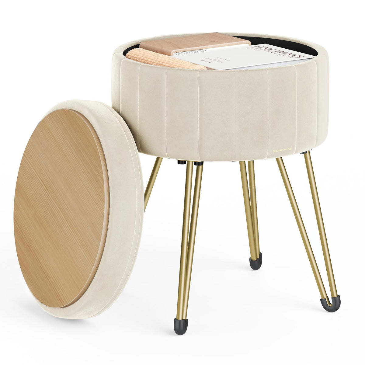 SONGMICS Vanity Stool Chair, Small Ottoman with Storage, Velvet Makeup Stool, 15.4 Dia. x 17.4 H Inches, 4 Metal Legs, for Makeup Room, Living Room, Bedroom, Cream White ULOM003W01