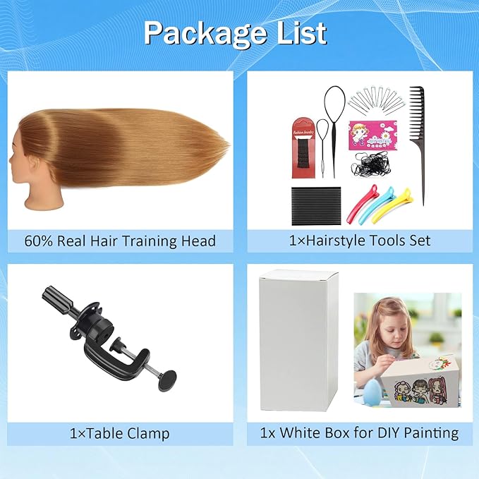 Mannequin Head Human Hair for Cosmetology, Manikin Head with 80% Real Hair for Styling Doll Head Braiding Practice Mannequin Heads Hairdresser Hairstylist Kids with Free Clamp Holder (Light Brown 27)