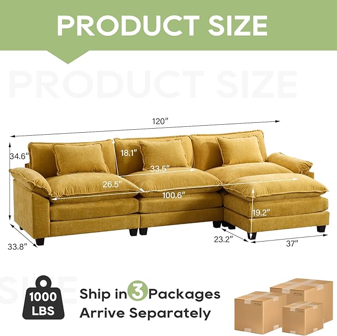 Oprisen 120" Modular Sectional Sofa, Comfy Cloud Couch Sectional Sofa with Ottoman, Chenille Sofa Sleeper Deep Seat Sofa with Throw Pillows for Living Room (Yellow, 120"- L Shape)