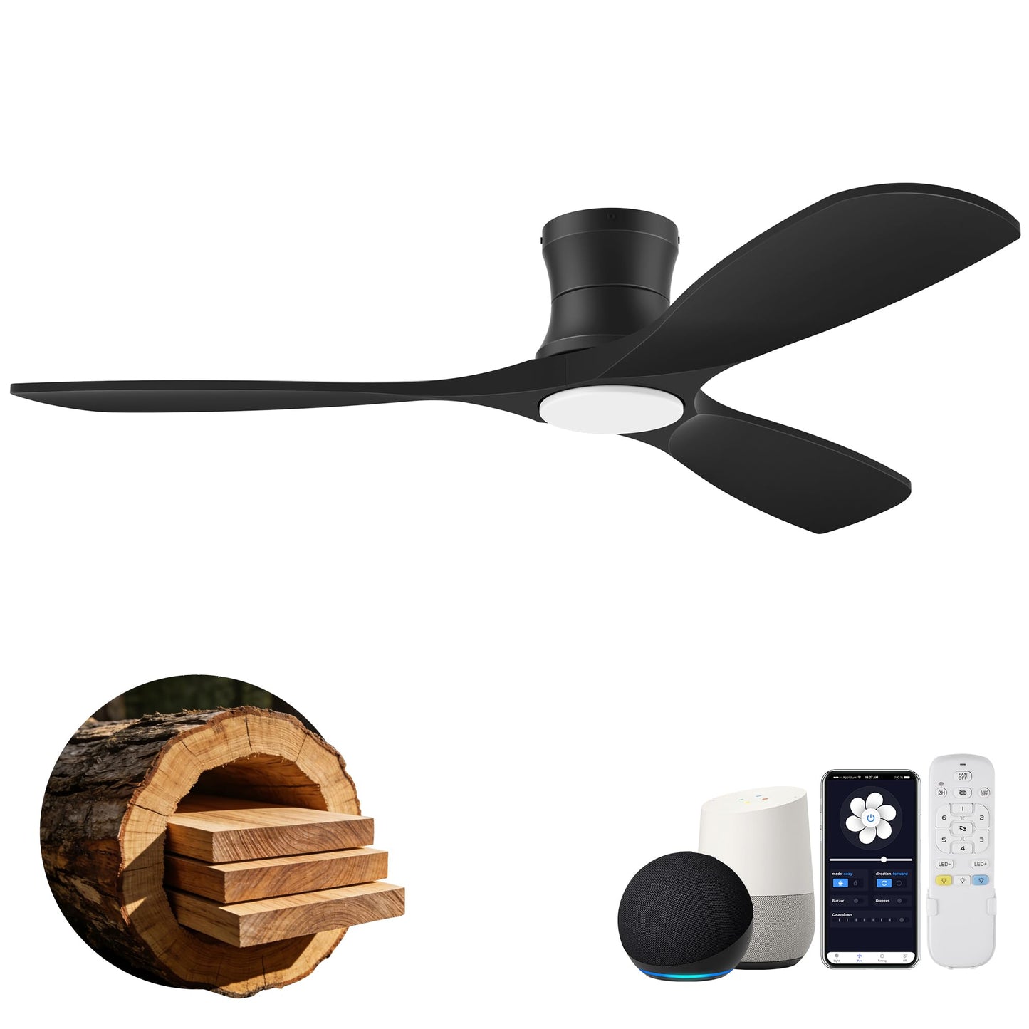 52” Smart Low Profile Ceiling Fans with Lights Remote,Wood Flush Mount Modern Ceiling Fan for Bedroom Living Room Patio,WIFI Alexa App Control,Outdoor Indoor Use,Matte Black,Ultra-Quiet,Dimmable LED