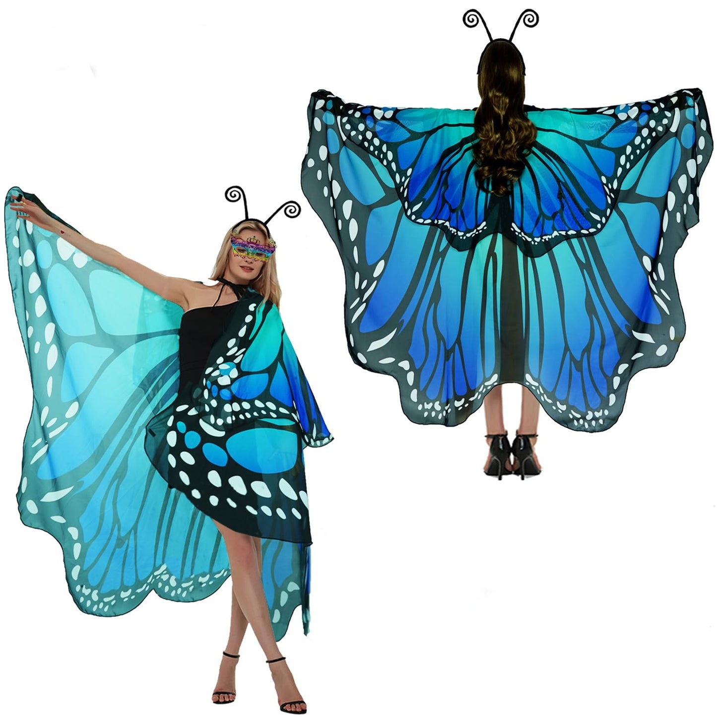 Sunlisky Halloween Costumes for Women Adult Double-Sided Butterfly Costumes Wing Cape Shawl 3Pcs（Green & Blue）