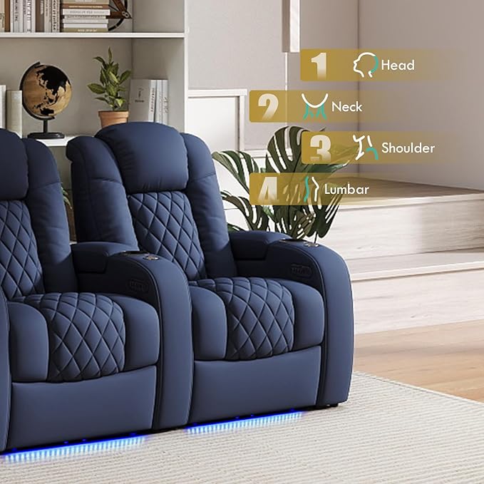 Weilianda Home Theater Seating Top Grain Leather Zero Gravity Recliner Chair Power Headrest Recline Movie Seat Gaming 7 Colors Mood Light Sofa with Tray Table USB Charge Row of 5 Blue