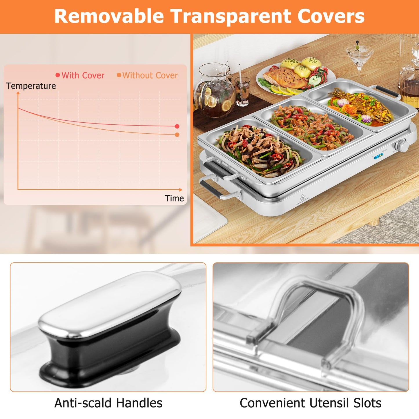Giantex Buffet Server & Electric Food Warmer, 2-in-1 Food Warming Tray, Adjustable Temperature, 3 Food Pans with Lids, Dishwasher Safe, 8 QT Stainless Steel Chafing Dishes for Parties Holiday Events