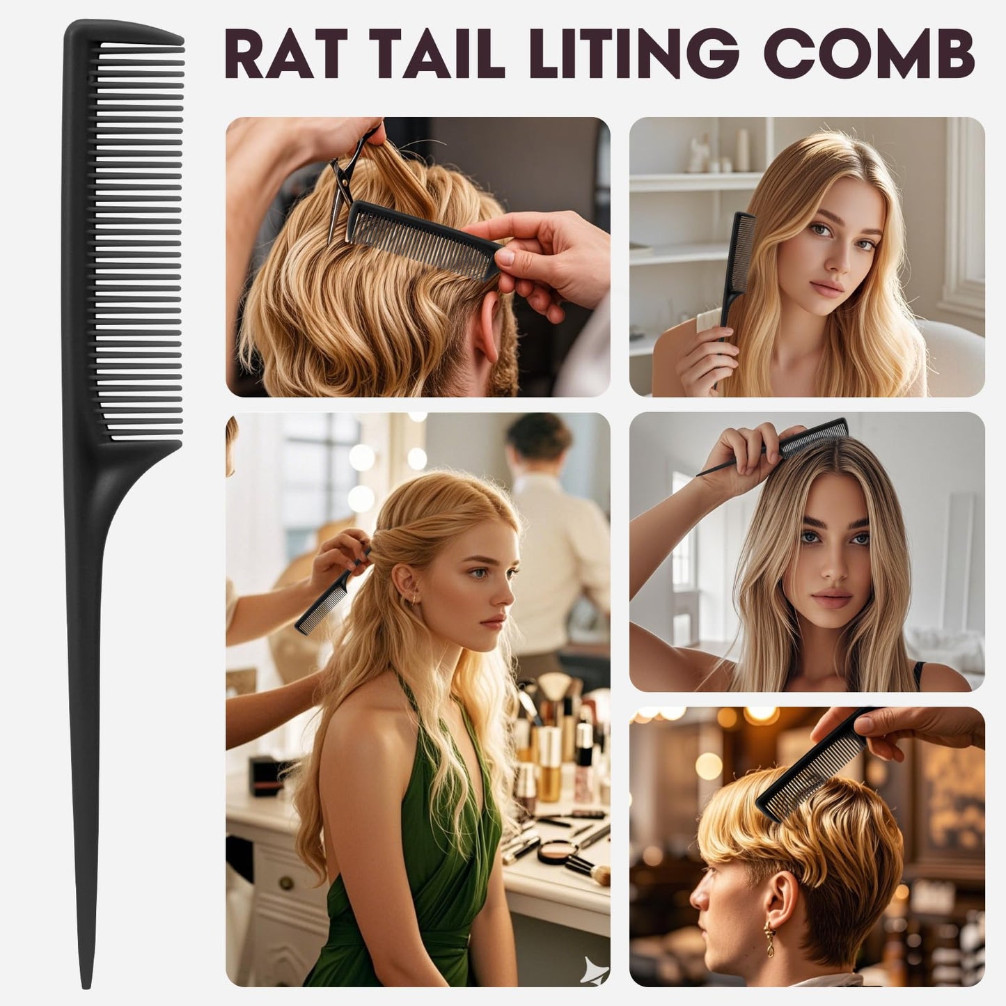 Rat Tail Comb Set-3Pcs Rat Tail Hair Teasing Fine Tooth Combs for Women Girls, Parting &Hair Styling Tools(Black)