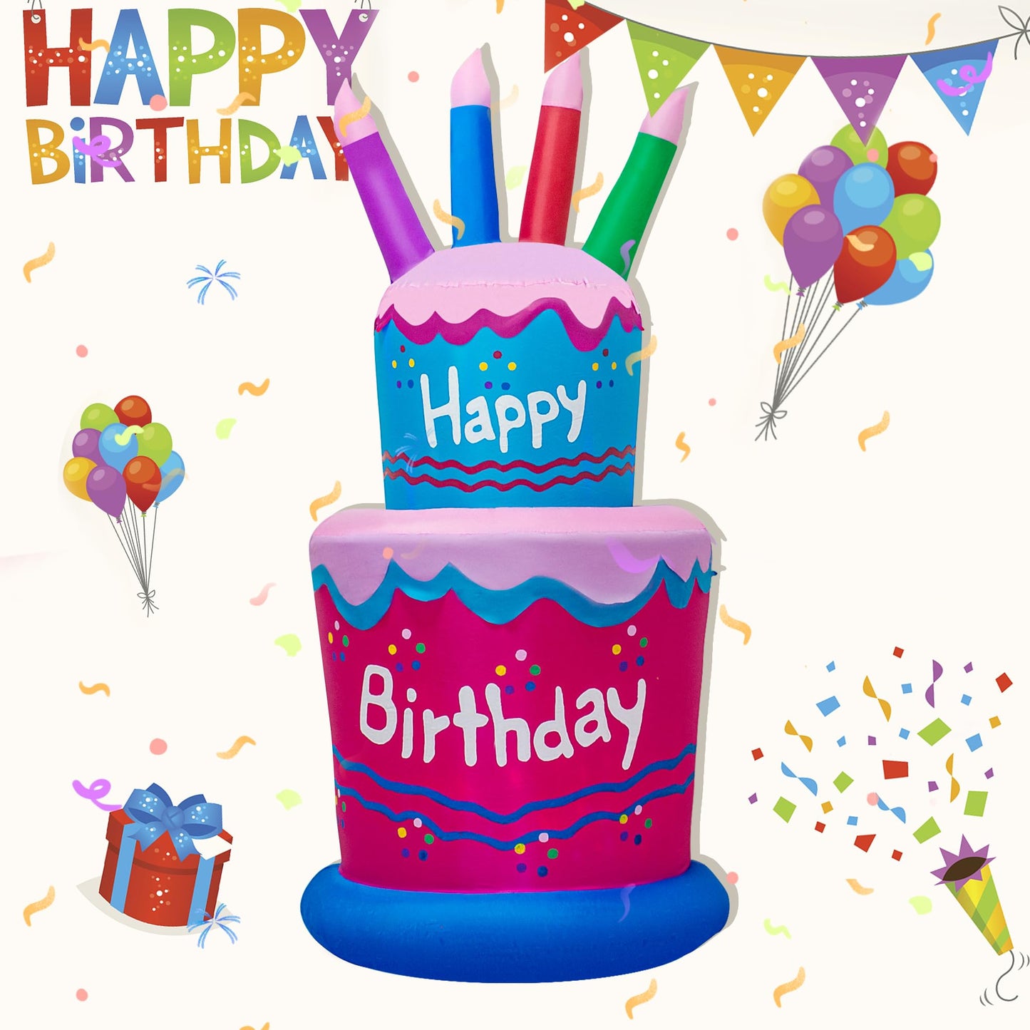 6FT Inflatable Birthday Cake Decoration,Birthday Blow up Cake Outdoor Decor with LED Lights，Light-up Happy Birthday Sign for Yard Lawn, Inflatable Outdoor Holiday Yard Decoration(Blue & Pink)