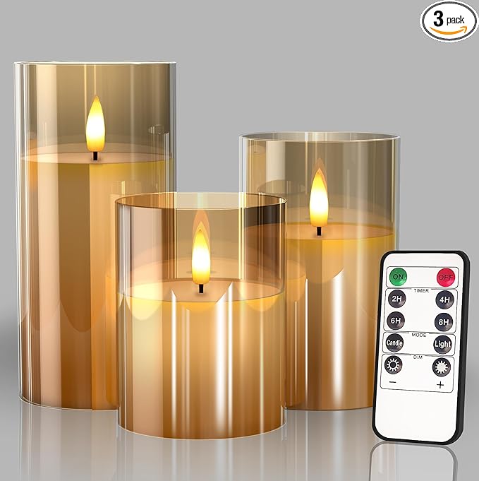 Tyawon Glass Battery Operated LED Flameless Candles with Remote and Timer, Real Wax Candles Warm Color Flickering Light fo...