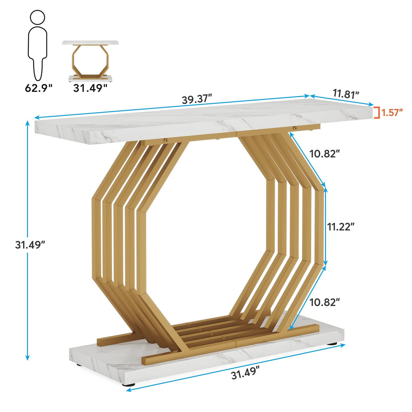Tribesigns Gold Console Table, Faux Marble Entryway Table Narrow Sofa with Geometric Metal Base, 40 Inch Modern Accent Entrance for Living Room, Hallway, Foyer, White and Gold
