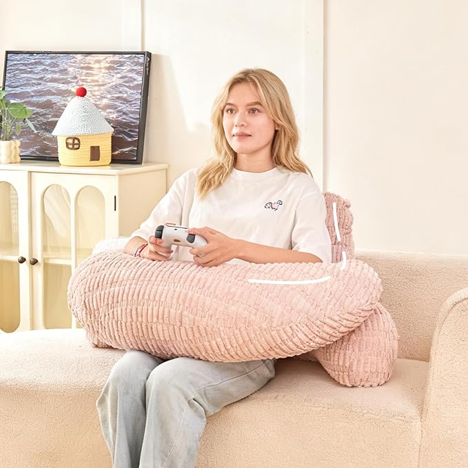PAJEO Back Pillow for Bed Sitting Up,U Shaped & Back Support Pillow for Bed,17" Backrest with Lumbar & Arm Support,Comfy Corduroy Fabric,Lap Pillow for Gaming/Reading/Watching TV,Pink