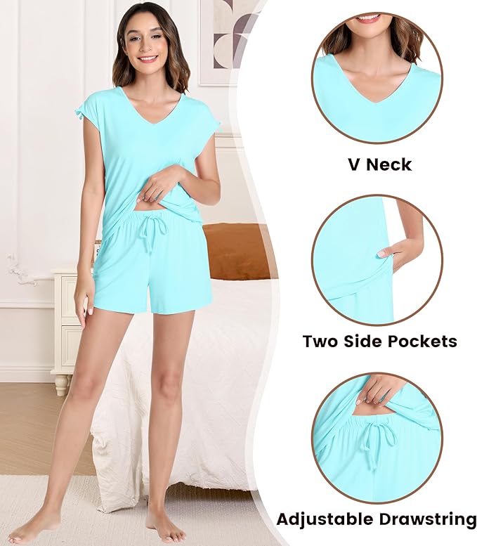 NACHILA Pajamas for Women-Viscose from Bamboo, Ribbed Racerback Tank Top Sexy Split Shorts Pajama Sets Cooling Sleep Cami Pjs