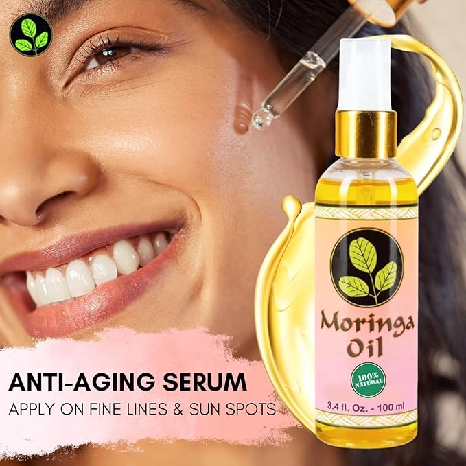 Moringa Oil 3.4 oz – Natural Face, Hair & Body Oil, 100% Pure, Cold-Pressed & Unrefined Moringa Seed Oil, Gluten-Free, Non-GMO, Vegan (100 ml)