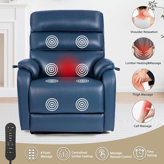 EONIX Wide Lay Flat Power Lift Recliner Chair for Elderly, Heavy Duty Oversized Faux Leather Lift Chairs with Heat and Massage and Charging Ports, Big and Tall Electric Recliner for Adults, Navy Blue