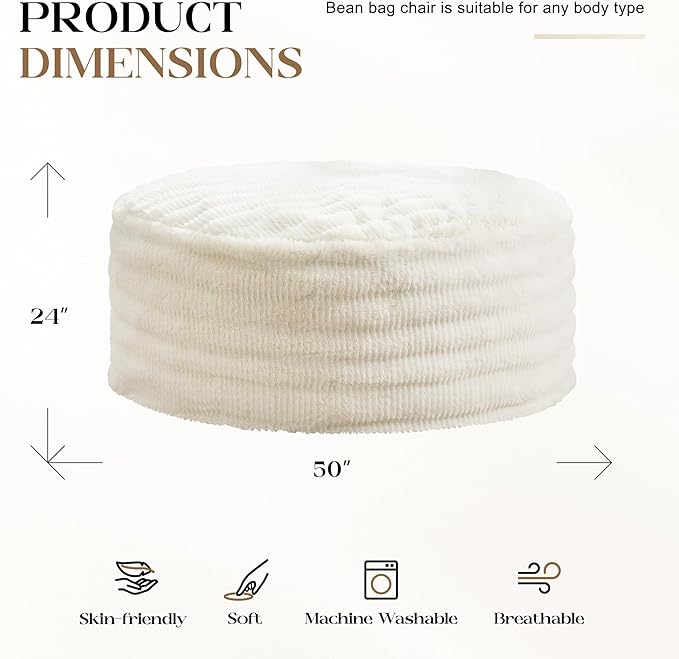 Hobestluk Bean Bag Chairs Beanbag Chair with Filler Adult Bean Bags with Fluffy Ripple Cover, Giant Bean Bag Chairs for Adults (White, 5FT - 50" x 50" x 24")