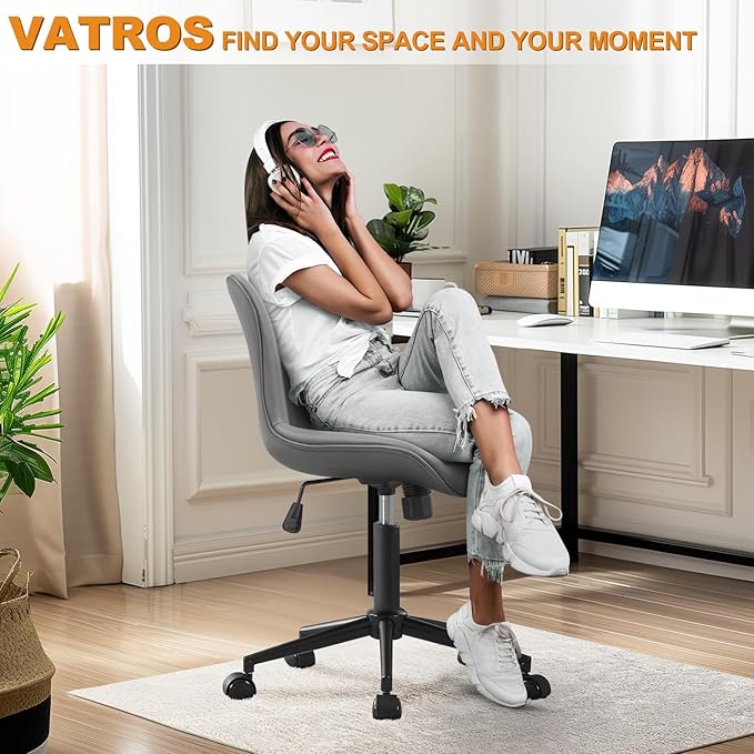 VATROS Office Chair, Armless Desk Chair with Wheels, Ergonomic Comfy Home Office Computer Task Chairs, Faux Leather Padded Cute Vanity Chair, Adjustable Height Swivel Chair with Back,Gray