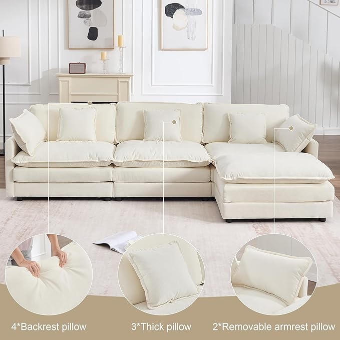 KIVENJAJA 111.5”W Chenille L-Shaped Modular Sectional Sofa, Modern 3-Seater Comfy Deep Seat Cloud Couch with Ottoman/Chaise & 5 Pillows for Living Room Office Apartment, Beige