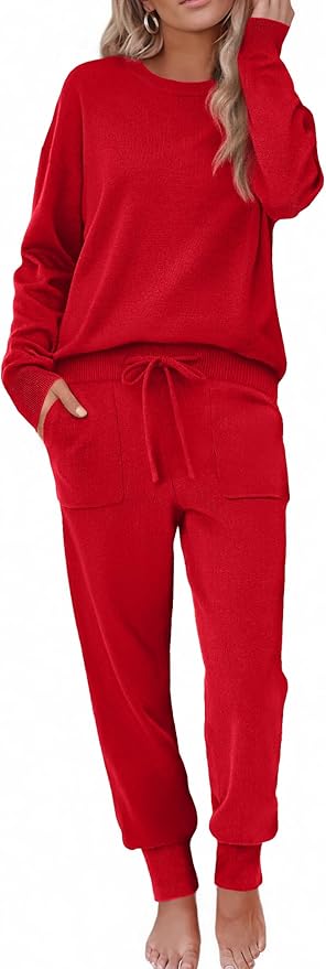 Ekouaer Women's 2 Piece Lounge Set Long Sleeve Knit Pajamas Sweatsuit Jogger Pant Outfits With Pockets S-XXL