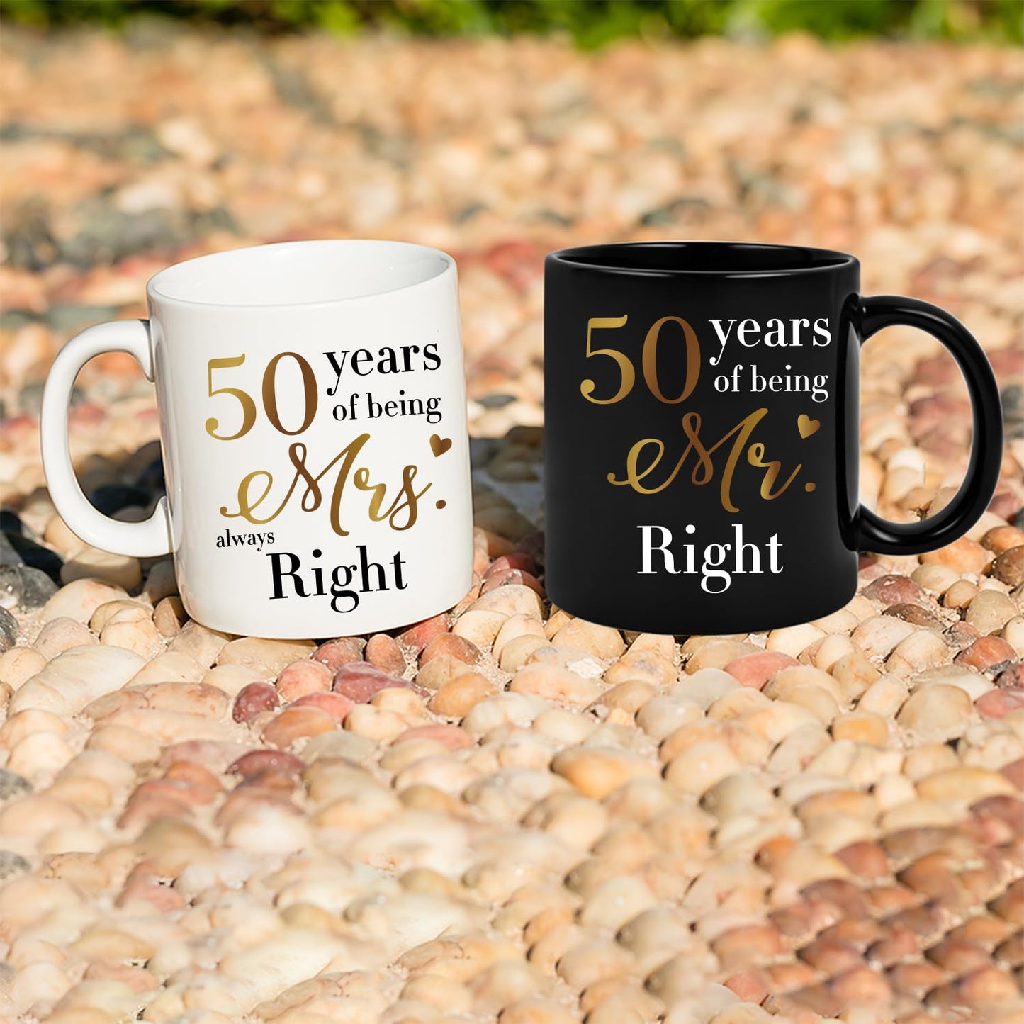 ZWV 50th Anniversary Coffee Mug Set, Ideal Gift for Mr Right/Mrs Always Right, 50th Wedding Anniversary Decoration Gift Cup for Couples Parents Grandparents, 2 Black and White Mugs-z34