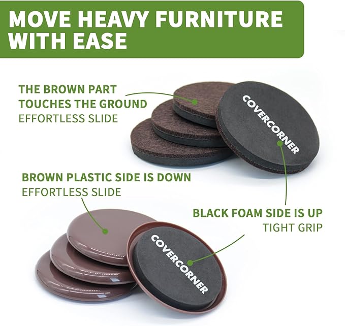COVERCORNER Furniture Sliders for Hardwood Floors, Furniture Sliders for Carpeted Floors, 16 PCS 3 1/2 inch Combo Pack, Sliders for Moving Furniture, Furniture Movers Sliders, Brown