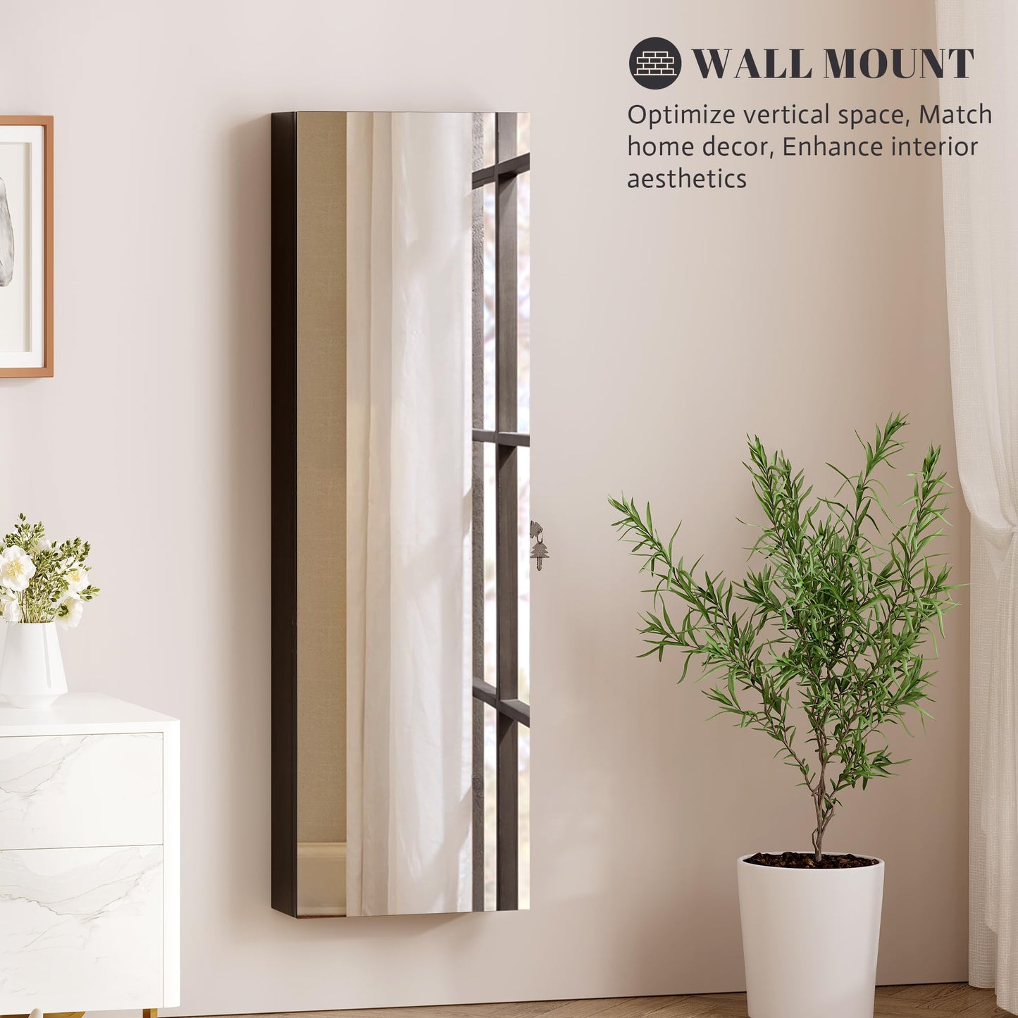 Vlsrka 47.2" LED Jewelry Armoire Organizer, Wall/Door Mounted with Full Length Mirror, Large Storage Hanging Cabinet, 4 Drawers, 5 Shelves, Built-in Lighted Mirror (Wood Black)