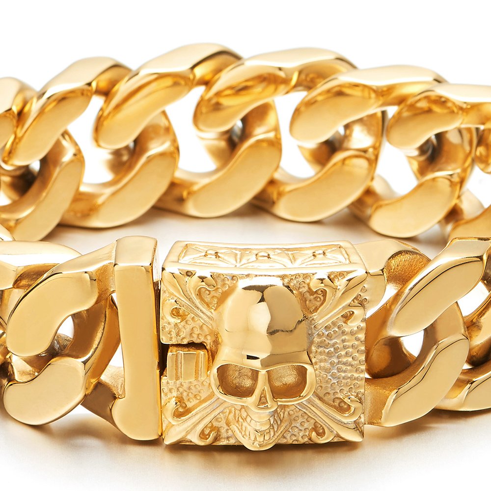 COOLSTEELANDBEYOND Mens Large Stainless Steel Gold Curb Chain Bracelet with Fleur De Lis and Skull, Biker Gothic, Polished