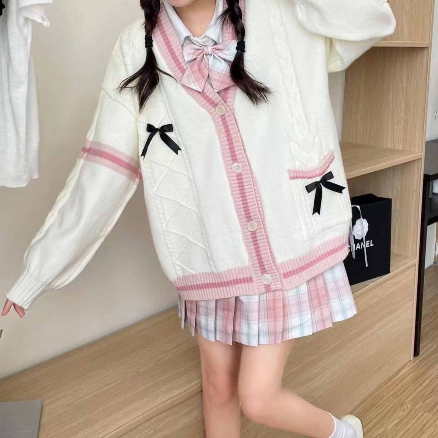 Chevara Women’s Cute Sweet Cardigan Sweater Kawaii School Uniform Button Long Sleeve V-Neck Knitted Outerwear(0133-01Beige-OneSize-CW)