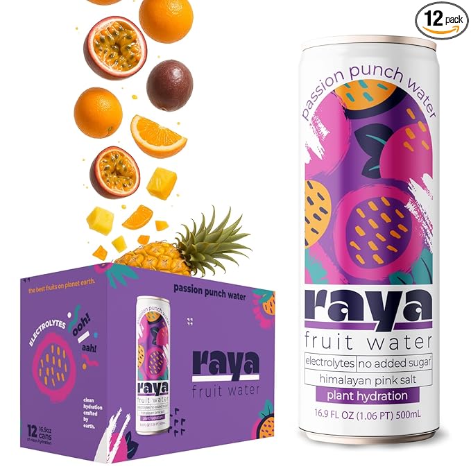 Raya Fruit Water, Passion Fruit Punch, 16.9 fl oz (12-Pack) – 46% Juice, No Added Sugar, Rich in Vitamin C & Electrolytes,...