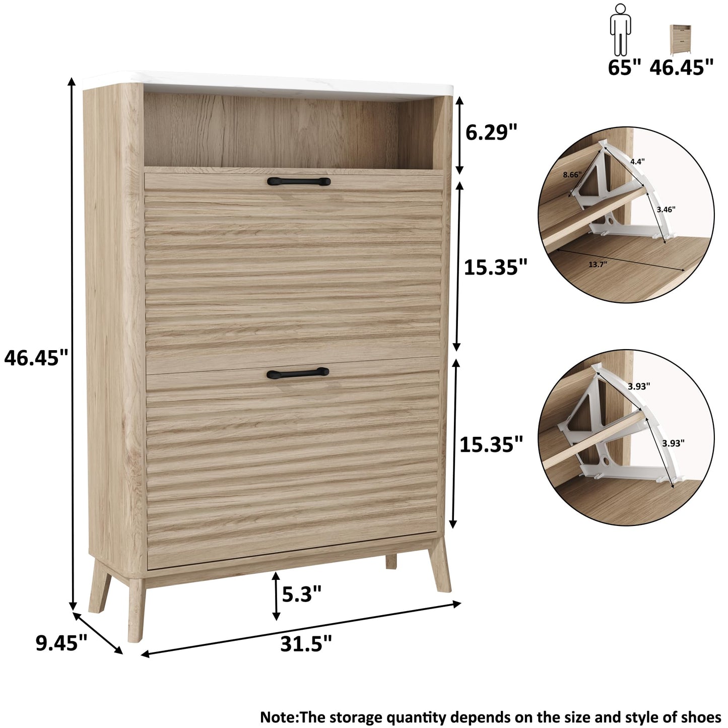 HOMEFORT Shoe Storage Cabinet for Entryway, 31.5" Fluted Shoe Cabinet with 2 Flip Drawers, Mid-Century Modern Hidden Shoe Rack Organizer, Slim Shoe Cabinet for Front Door Entrance, Natural Oak