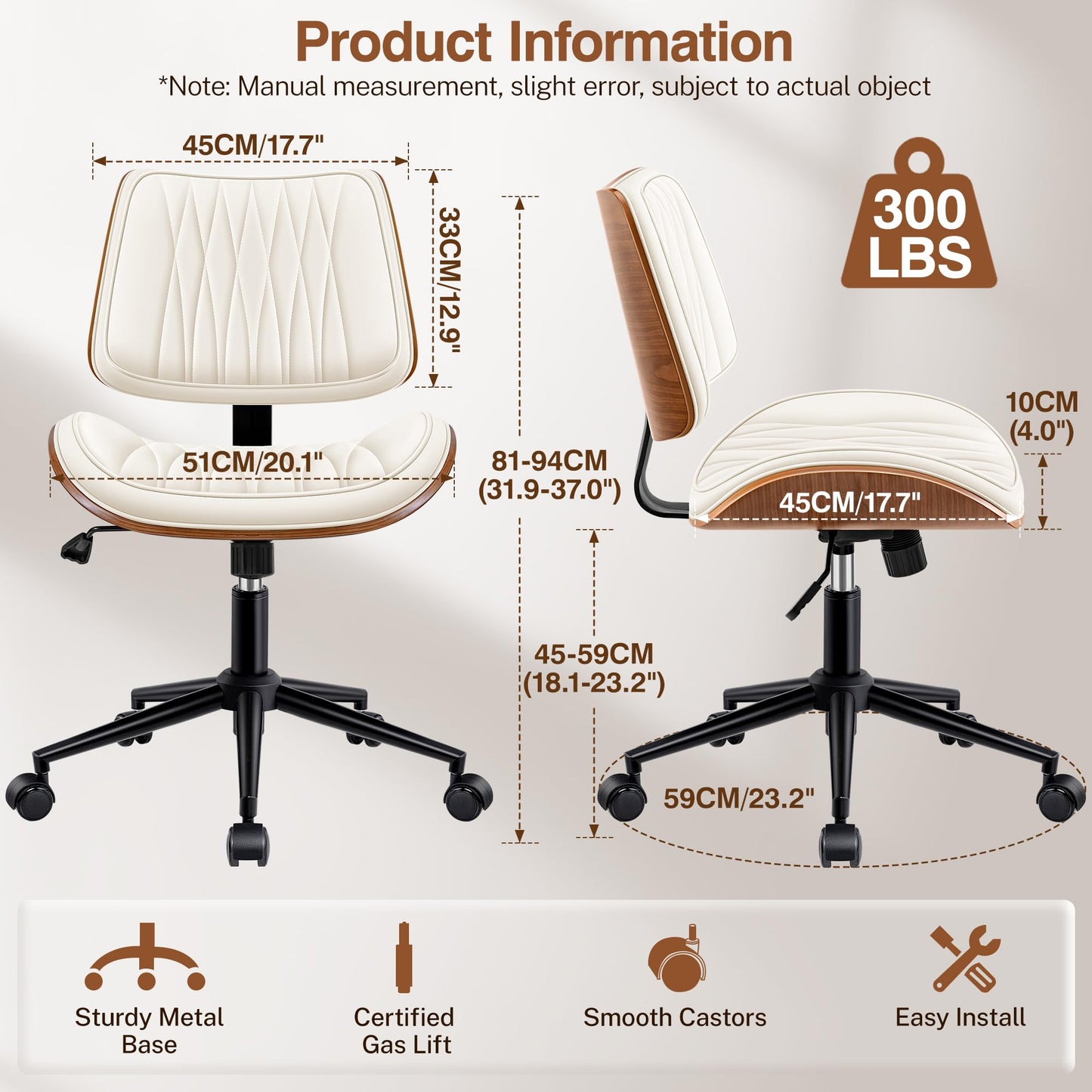 Ergonomic Armless Office Desk Chair - Mid-Century Modern White Faux Leather with Diamond Stitch, Adjustable Height Swivel Rolling Task Computer Chair with Walnut Accent for Home Office, Study & Work