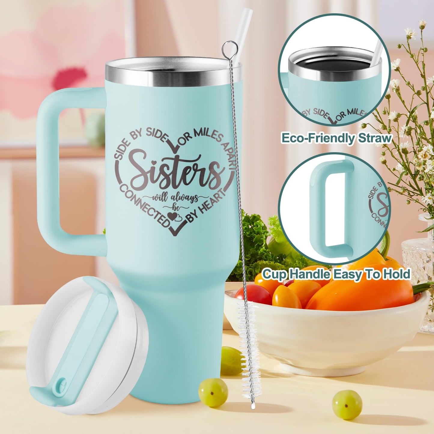 ROSTANTEN Sisters Gifts from Sister, Sister Birthday Gift Ideas, Gifts for Sisters/Sis In Law - 40 oz Travel Cup Insulated Tumbler with Handle & Straw